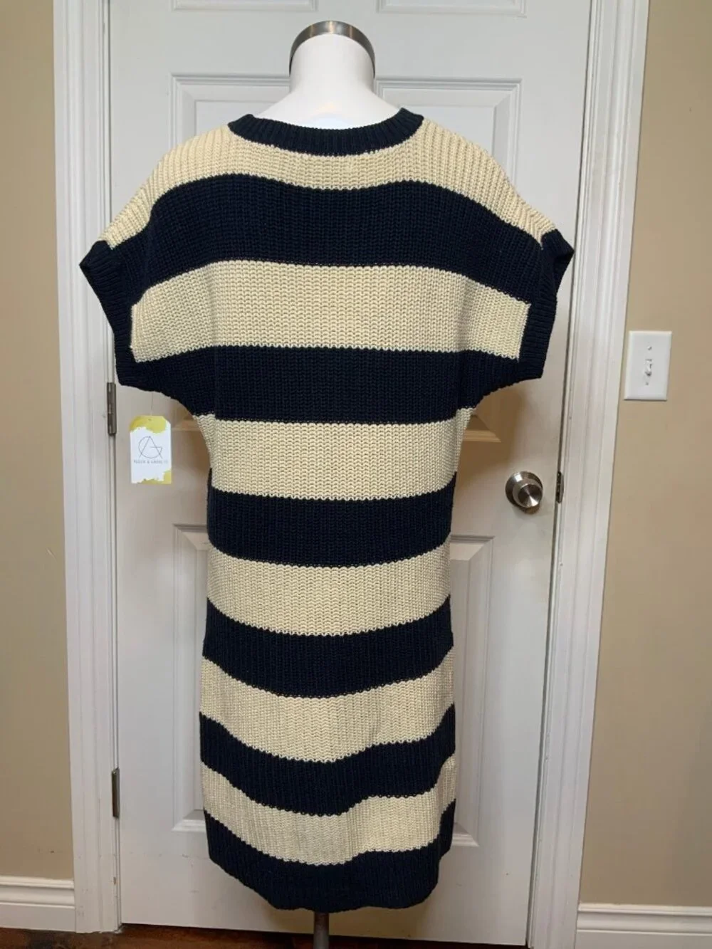 Michael Kors Navy Blue & Cream Stripe V-Neck Shift Sweater Dress, Size XL